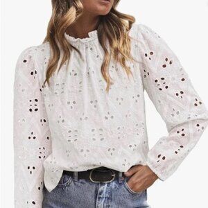 Chic PrettyGarden White Eyelet Lace Long Sleeve 100% Cotton Blouse Size S